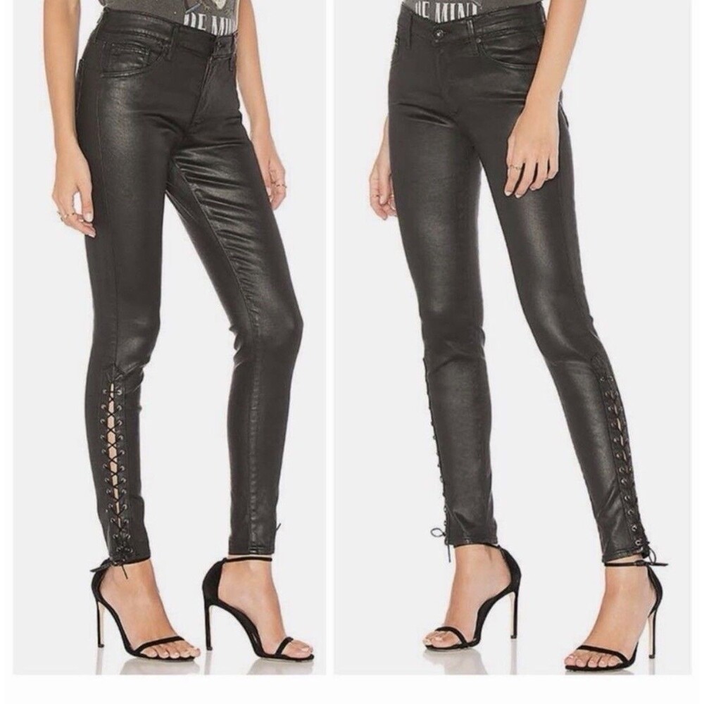 NWT AG Adriano Goldschmied Women's 27 Farrah Skinny Ankle Side Lace Black Pants